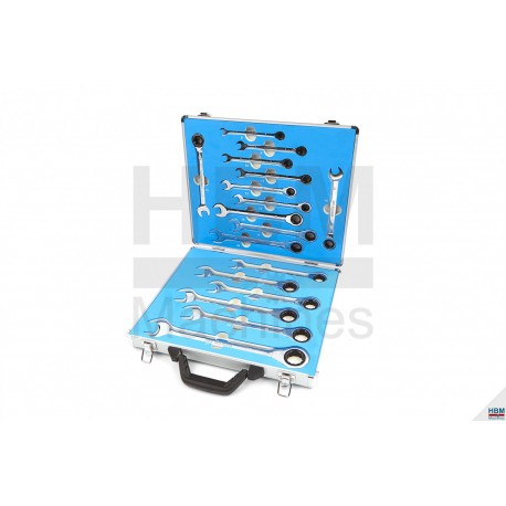 HBM Jeu 17 clés plates à fourche/oeillet cliquet Ø 8 à 27 mm - 9135