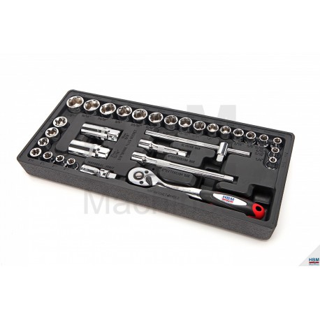 HBM Jeu de douilles, cliquet, rallonges 31 pièces 3/8" rack pour servante d'atelier - 3176