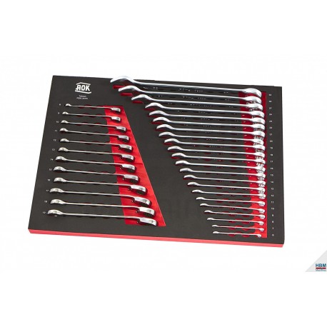 AOK Ensemble de clés plates - fourches, œillets, cliquets - dans insert mousse pour servante - 9392