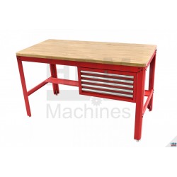 HBM Etabli 155 cm avec 5 tiroirs et plan de travail en bois, Rouge - 9269