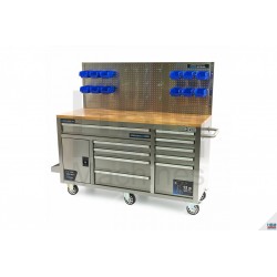 HBM Servante d'atelier-établi 158 cm acier inox, avec porte et paroi arrière - 9376