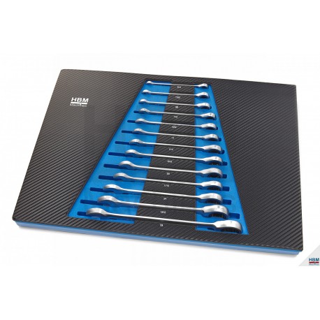 HBM Jeu de 13 Clés plates fourche-cliquet mesures en INCH, incrustation mousse carbone pour servante - 9980
