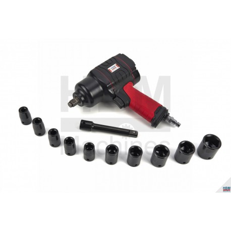 HBM Clé à chocs pneumatique 1/2" 800 Nm + jeu de douilles composites - 9433