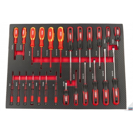 HBM Jeu de tournevis 25 pcs rack en mousse carbone pour servante - 9770