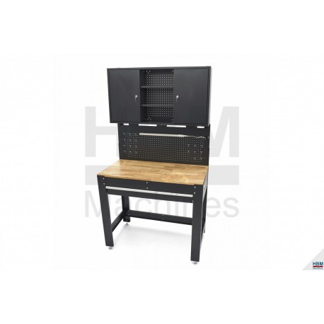 Etabli 115 cm plateau bois avec dos à caissons, éclairage LED