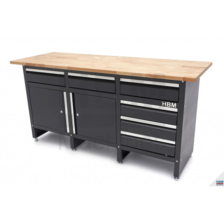 HBM Etabli 171 cm avec 6 tiroirs 2 porteset plan de travail en bois massif - 10915