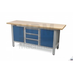 Etabli acier 169 cm, plateau bois, 2 portes, 3 tiroirs - 3443