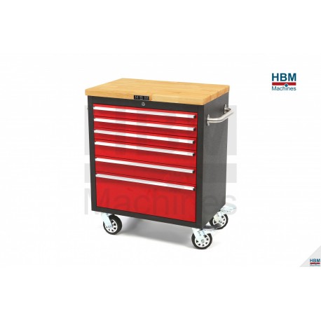 Servante d'atelier 6 tiroirs rouge, plateau bois - 5339