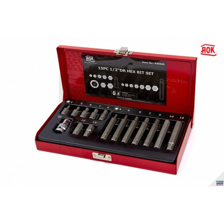 Coffret 15 embouts hexa + adaptateur 1/2" AOK - 6668